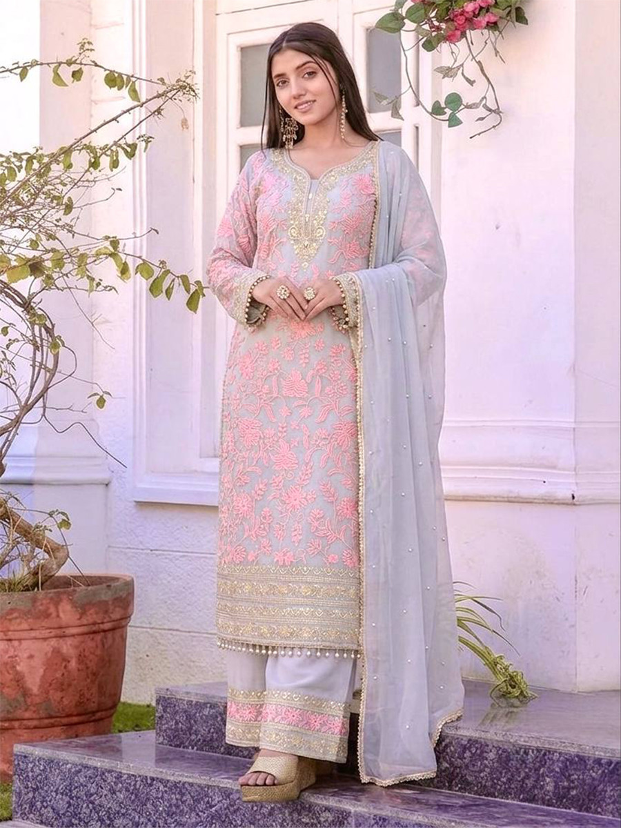 Grey Heavy Faux Georgette Embroidery Pearl Wedding Party Festival Casual Ready Palazzo Pant Salwar Kameez