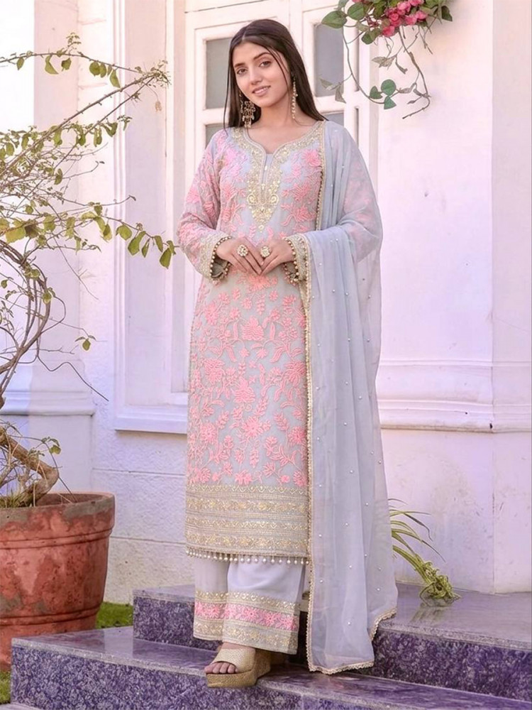 Image of Grey Heavy Faux Georgette  Embroidery Pearl Wedding Party Festival Casual Ready Palazzo Pant Salwar Kameez