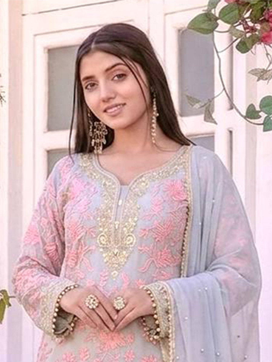 Grey Heavy Faux Georgette Embroidery Pearl Wedding Party Festival Casual Ready Palazzo Pant Salwar Kameez