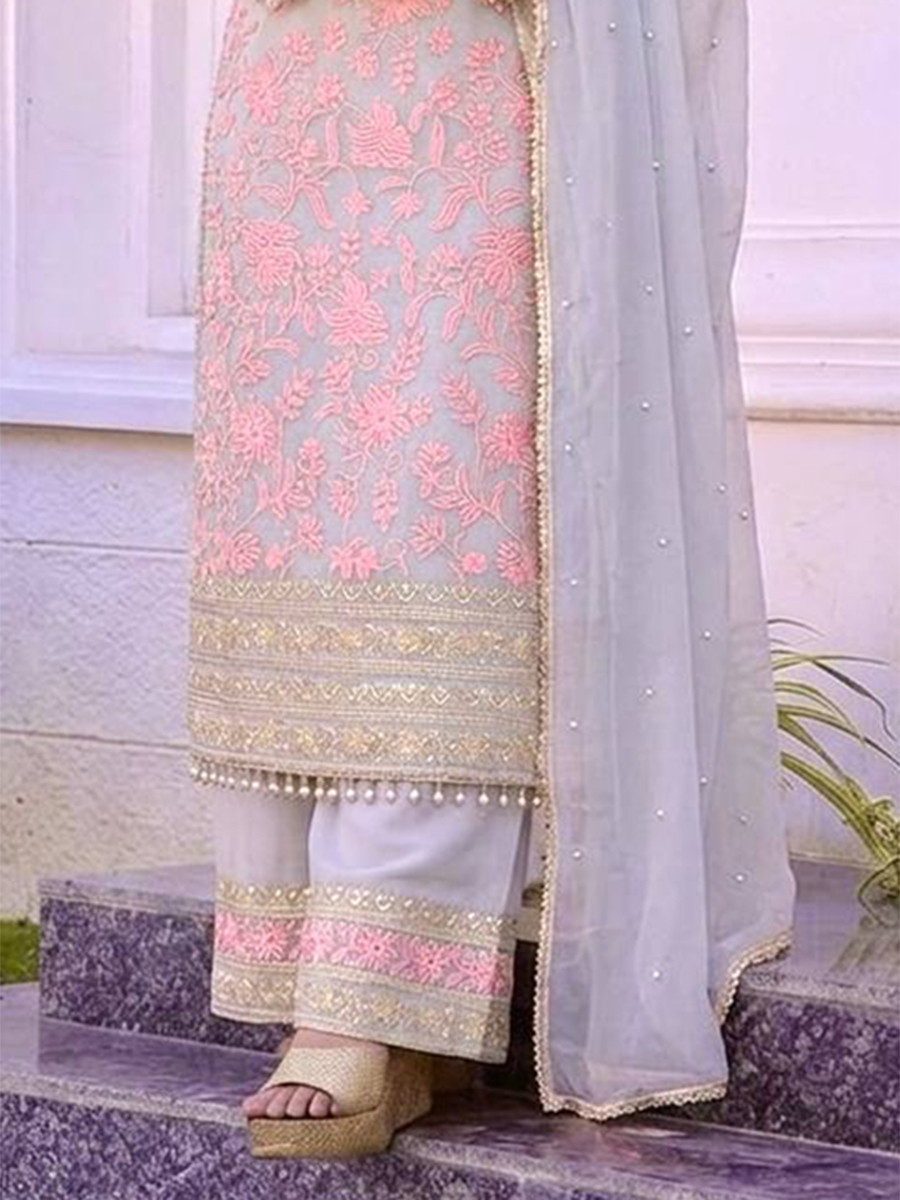Grey Heavy Faux Georgette Embroidery Pearl Wedding Party Festival Casual Ready Palazzo Pant Salwar Kameez