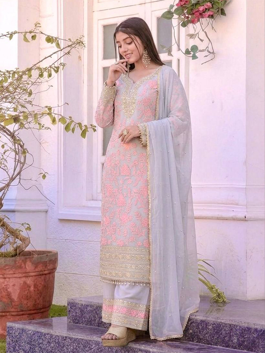 Grey Heavy Faux Georgette Embroidery Pearl Wedding Party Festival Casual Ready Palazzo Pant Salwar Kameez