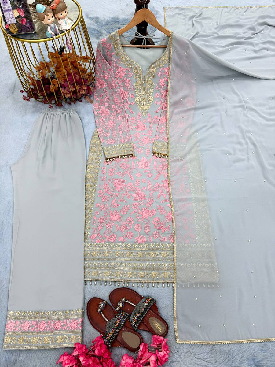 Grey Heavy Faux Georgette Embroidery Pearl Wedding Party Festival Casual Ready Palazzo Pant Salwar Kameez