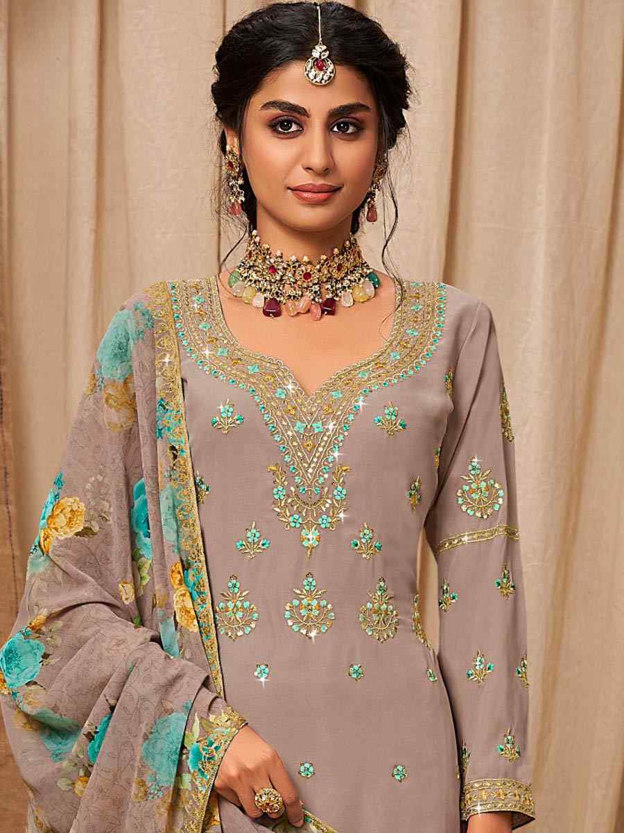 Grey Heavy Faux Georgette Embroidered Bridesmaid Wedding Kurti Lehenga Choli