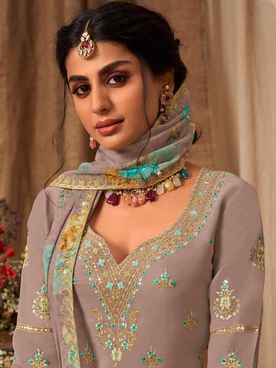 Grey Heavy Faux Georgette Embroidered Bridesmaid Wedding Kurti Lehenga Choli