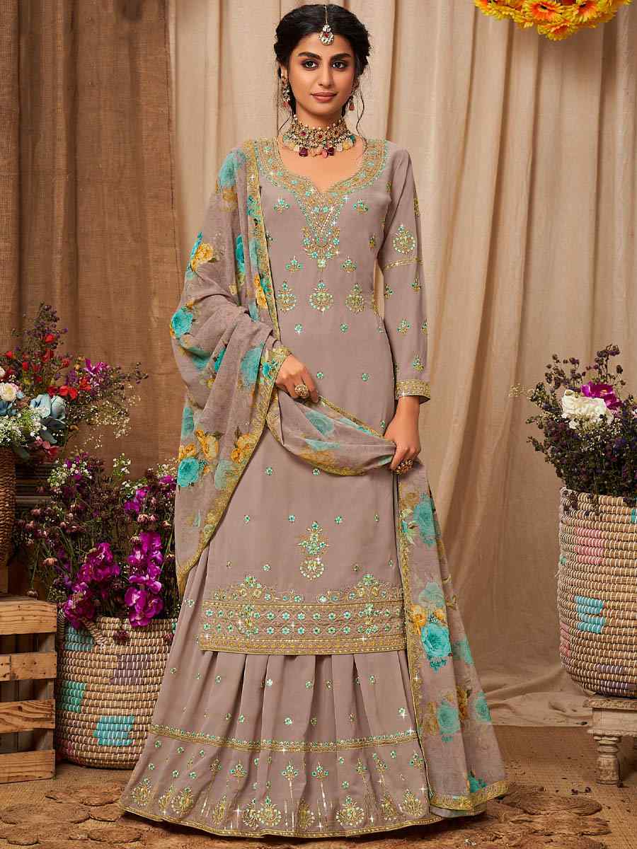 Grey Heavy Faux Georgette Embroidered Bridesmaid Wedding Kurti Lehenga Choli