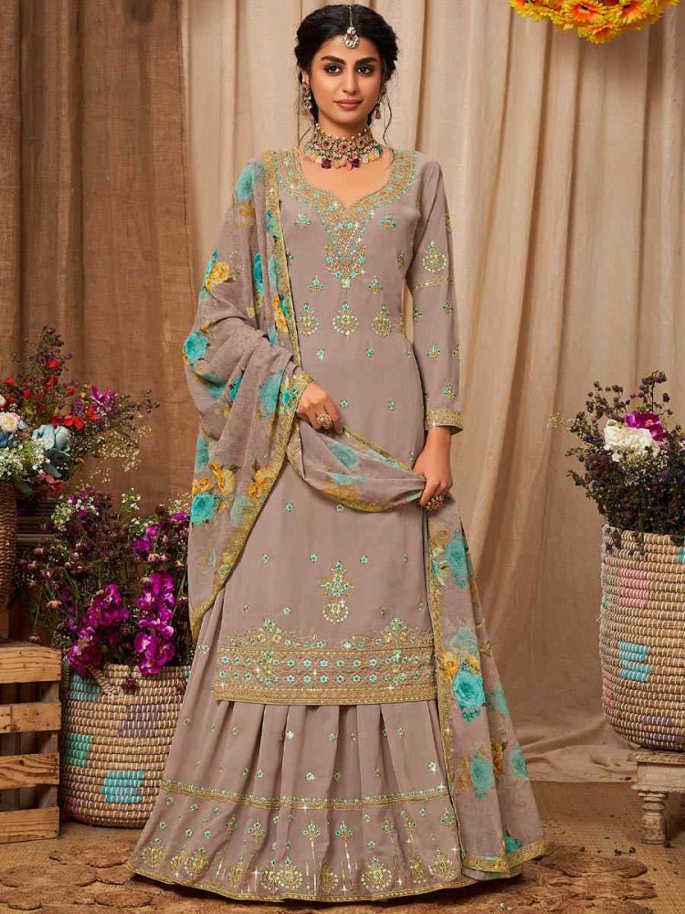 Grey Heavy Faux Georgette Embroidered Bridesmaid Wedding Kurti Lehenga Choli