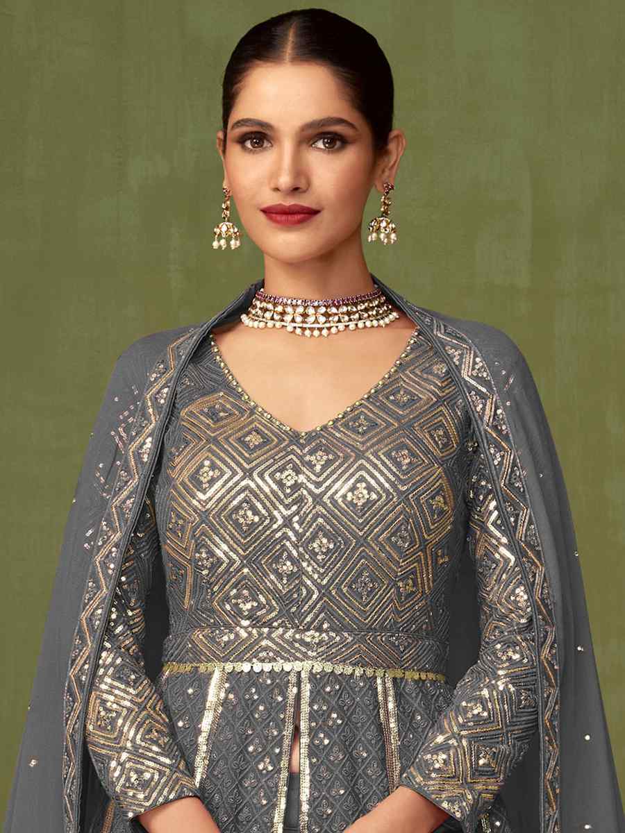 Grey Heavy Faux Georgette Embroidered Engagement Wedding Anarkali Salwar Kameez