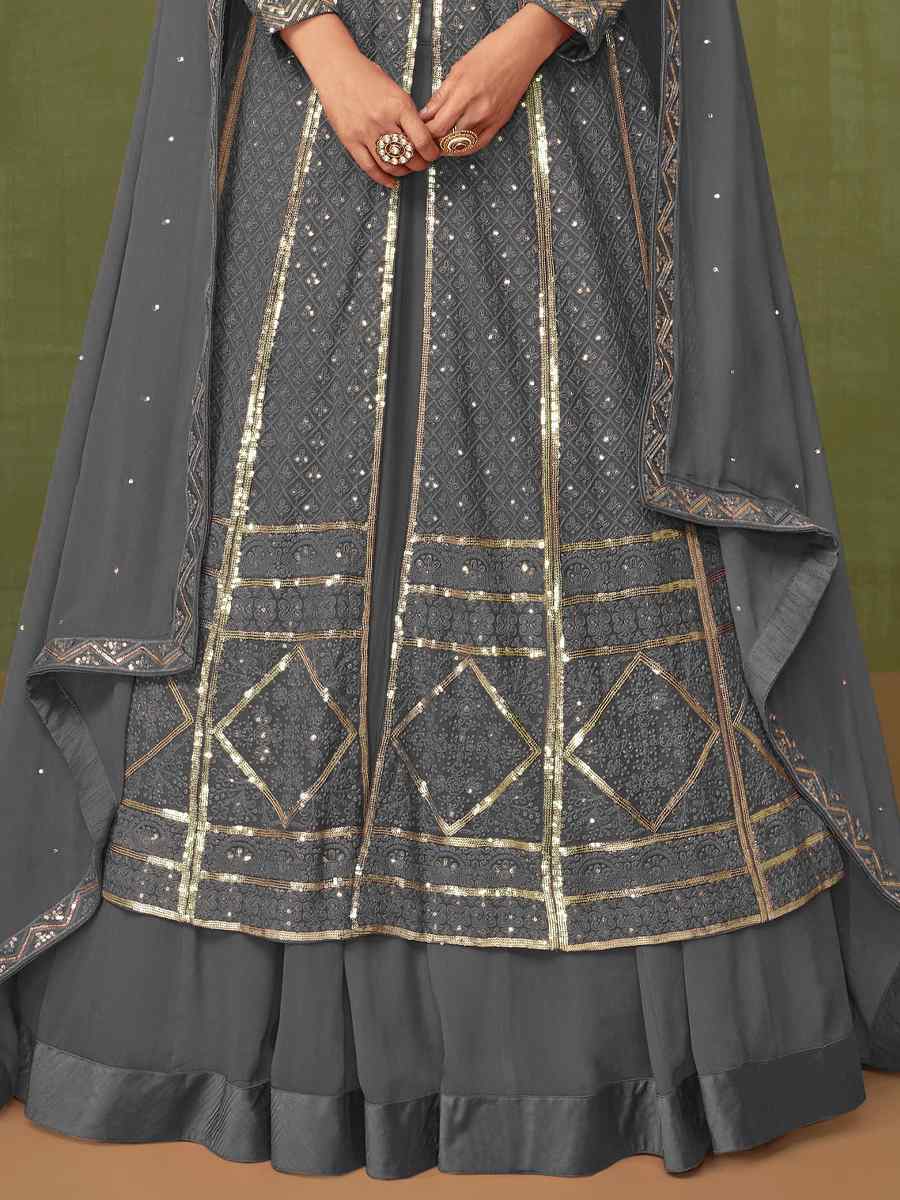 Grey Heavy Faux Georgette Embroidered Engagement Wedding Anarkali Salwar Kameez