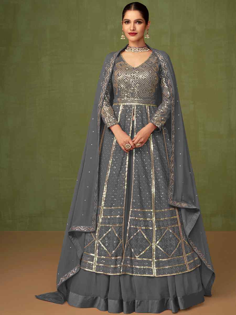 Grey Heavy Faux Georgette Embroidered Engagement Wedding Anarkali Salwar Kameez