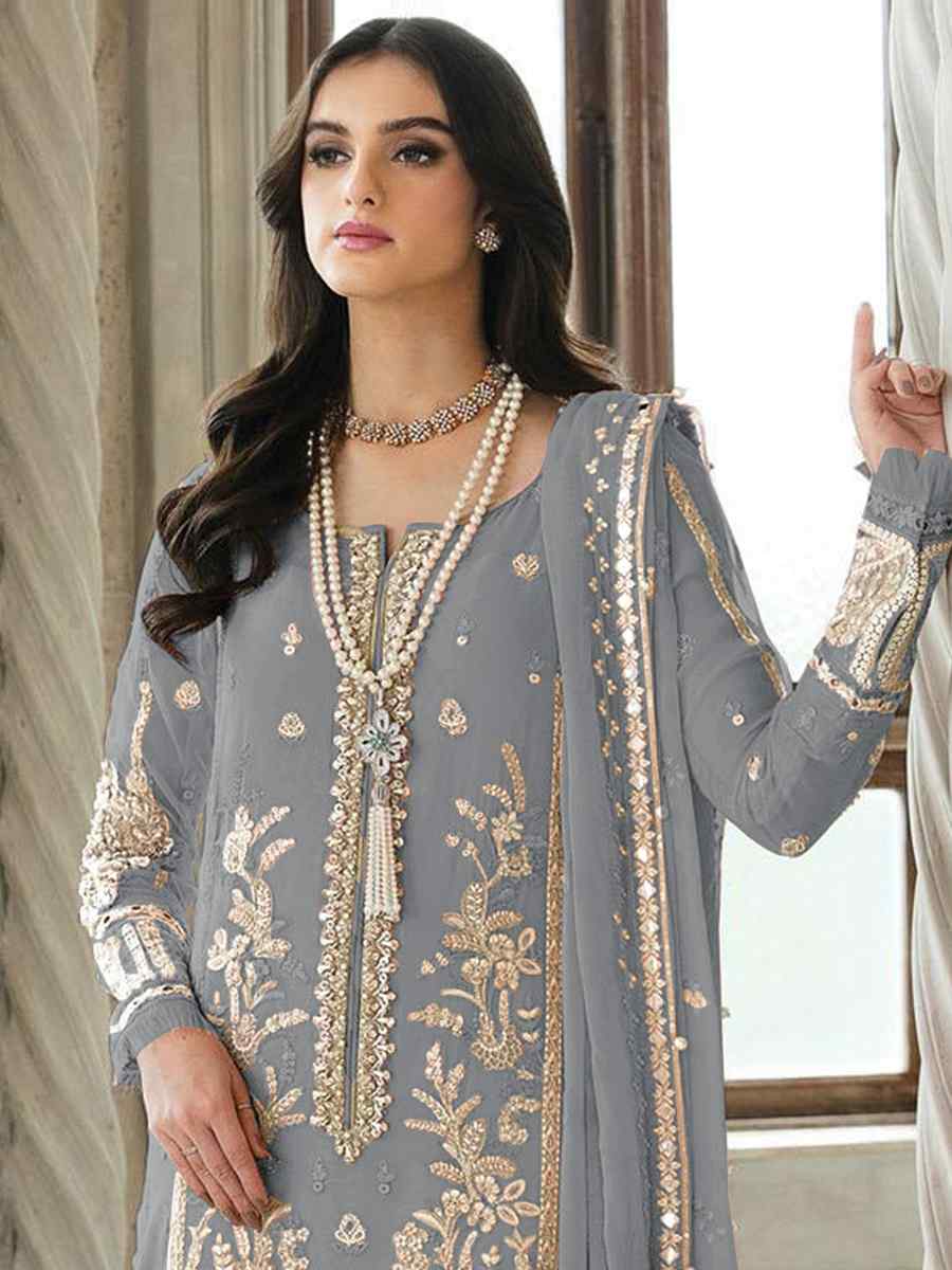 Grey Heavy Faux Georgette Embroidered Festival Casual Pant Salwar Kameez