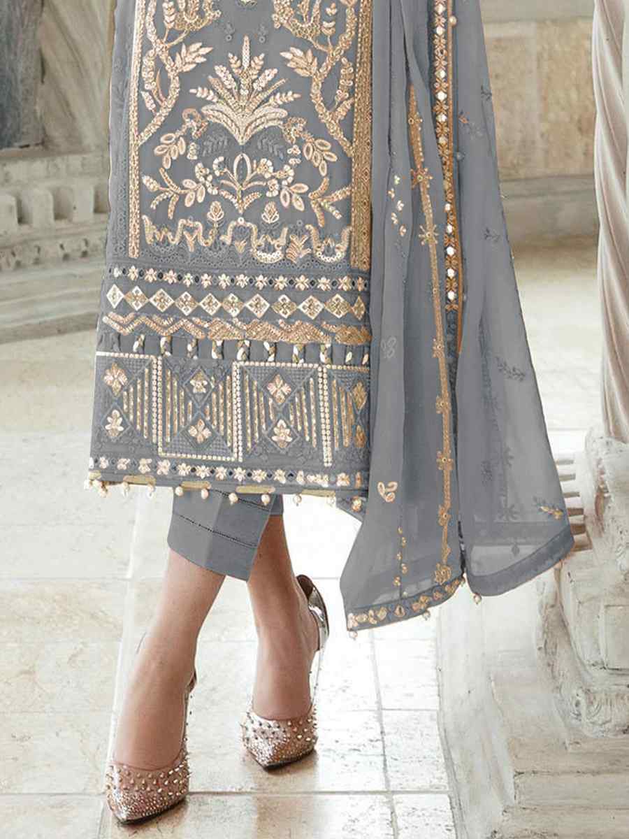 Grey Heavy Faux Georgette Embroidered Festival Casual Pant Salwar Kameez