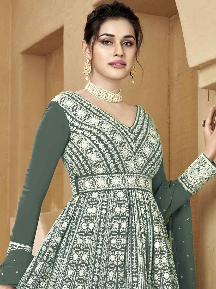 Grey Heavy Faux Georgette Embroidered Festival Party Anarkali Salwar Kameez