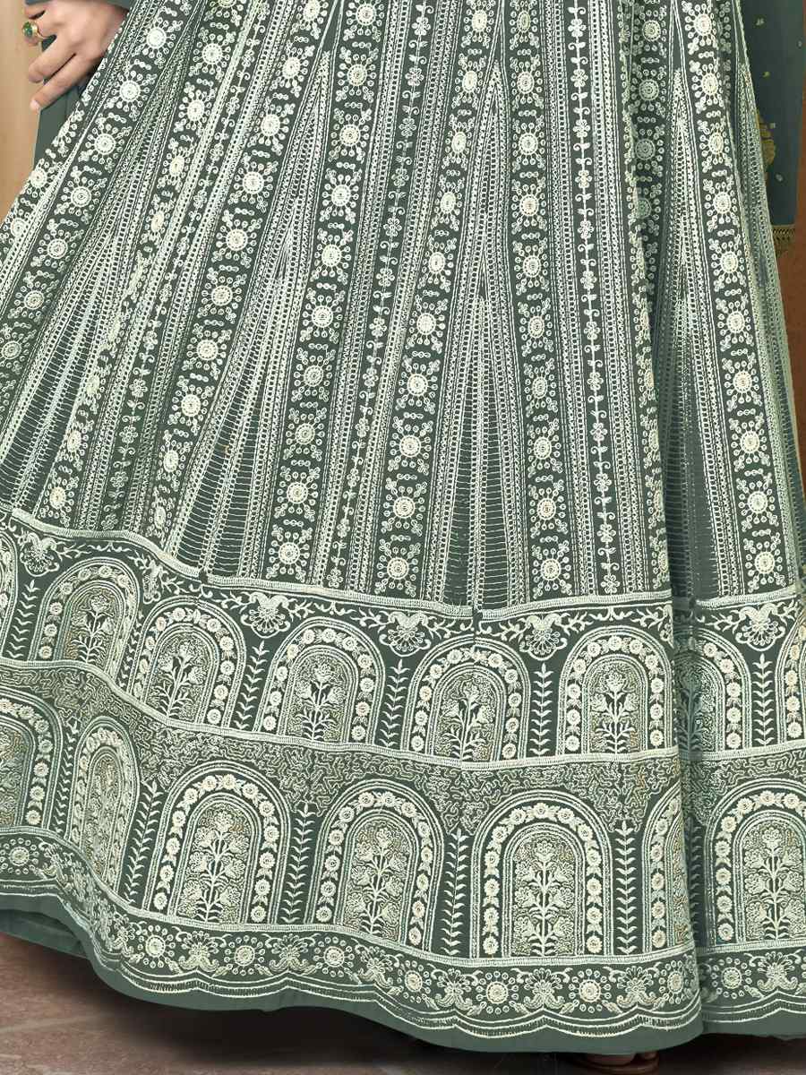 Grey Heavy Faux Georgette Embroidered Festival Party Anarkali Salwar Kameez