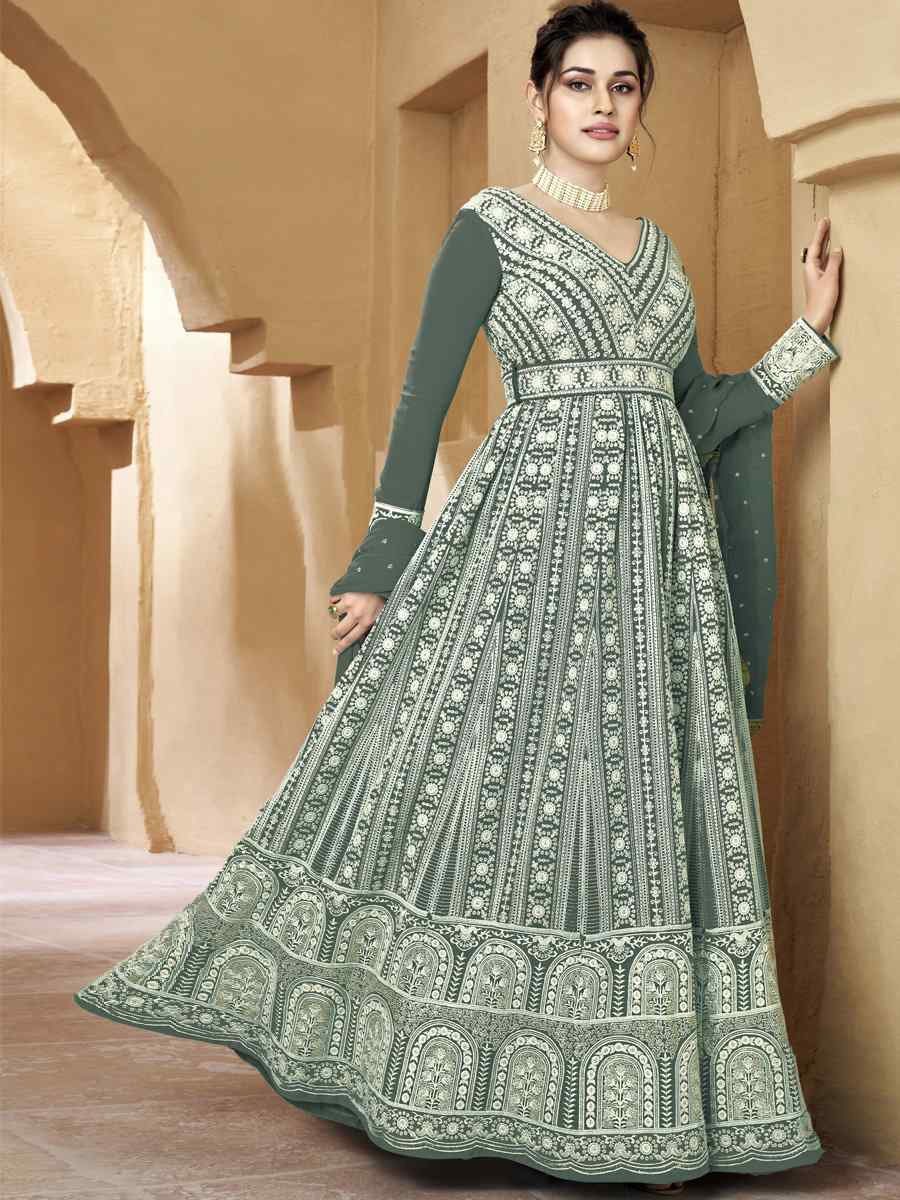 Grey Heavy Faux Georgette Embroidered Festival Party Anarkali Salwar Kameez