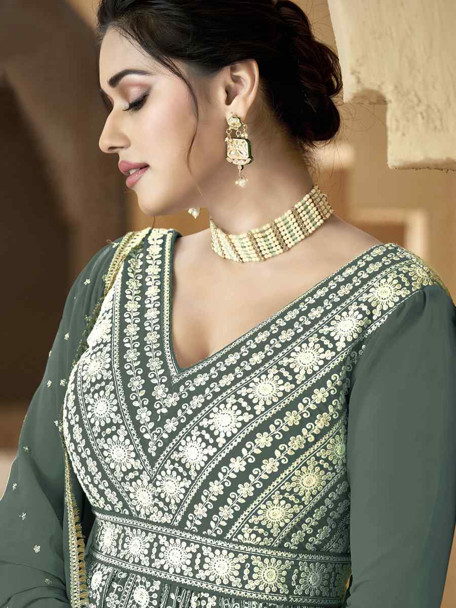 Grey Heavy Faux Georgette Embroidered Festival Party Anarkali Salwar Kameez