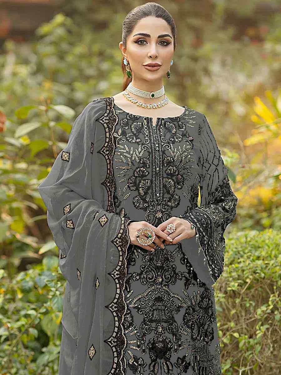 Grey Heavy Faux Georgette Embroidered Festival Party Palazzo Pant Salwar Kameez