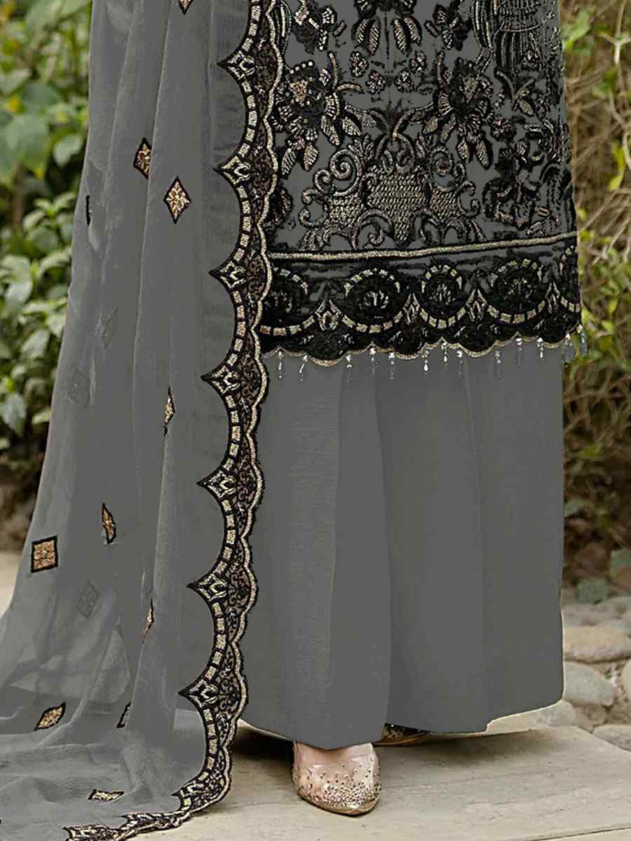 Grey Heavy Faux Georgette Embroidered Festival Party Palazzo Pant Salwar Kameez