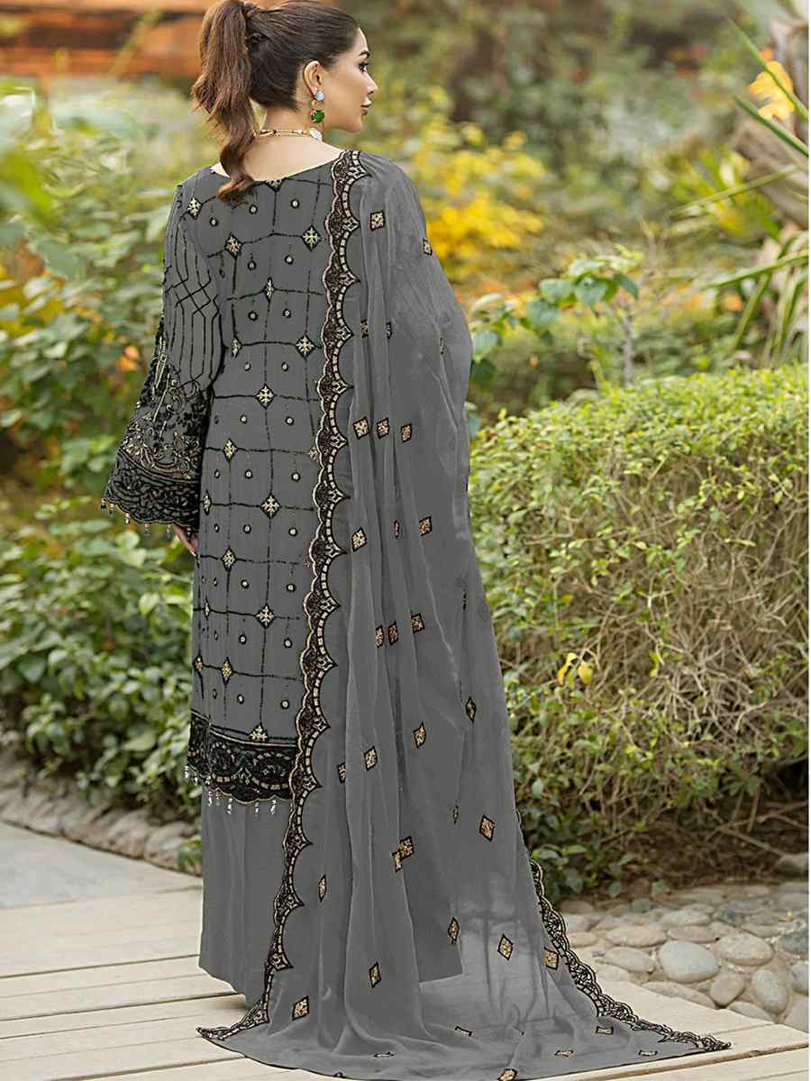Grey Heavy Faux Georgette Embroidered Festival Party Palazzo Pant Salwar Kameez
