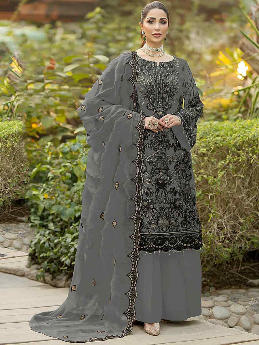 Grey Heavy Faux Georgette Embroidered Festival Party Palazzo Pant Salwar Kameez