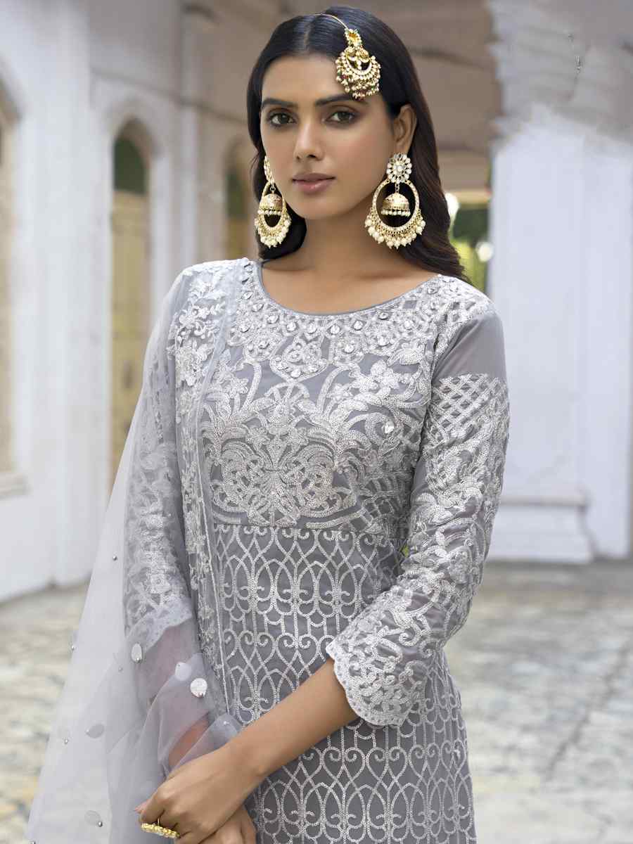 Grey Heavy Faux Georgette Embroidered Festival Party Pant Salwar Kameez