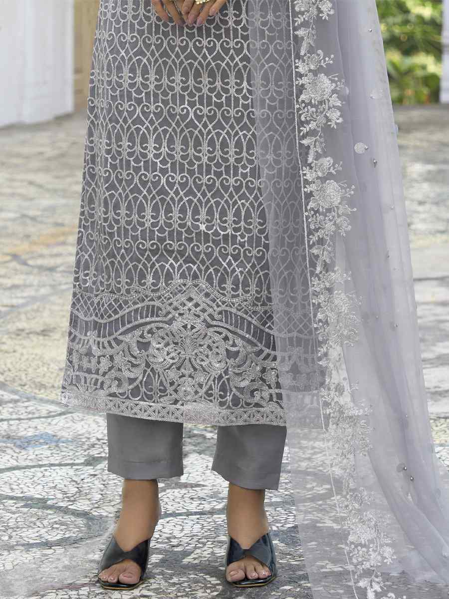 Grey Heavy Faux Georgette Embroidered Festival Party Pant Salwar Kameez