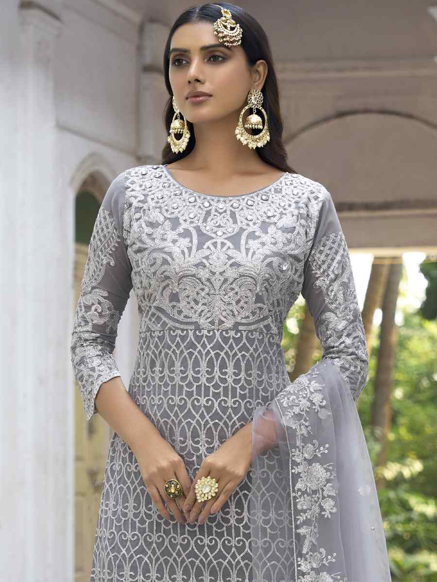 Grey Heavy Faux Georgette Embroidered Festival Party Pant Salwar Kameez
