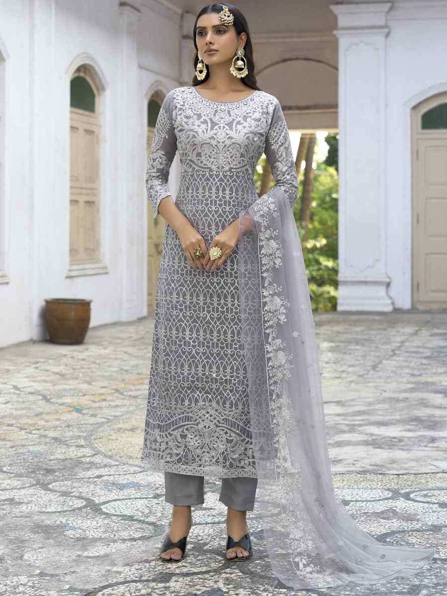 Grey Heavy Faux Georgette Embroidered Festival Party Pant Salwar Kameez