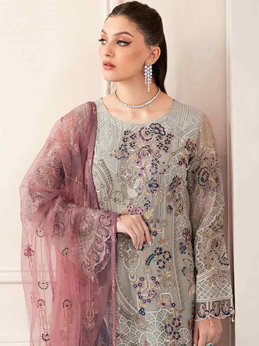 Grey Heavy Faux Georgette Embroidered Festival Party Pant Salwar Kameez