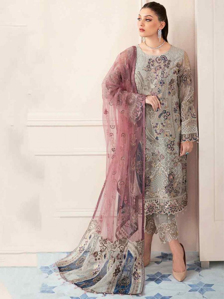 Grey Heavy Faux Georgette Embroidered Festival Party Pant Salwar Kameez