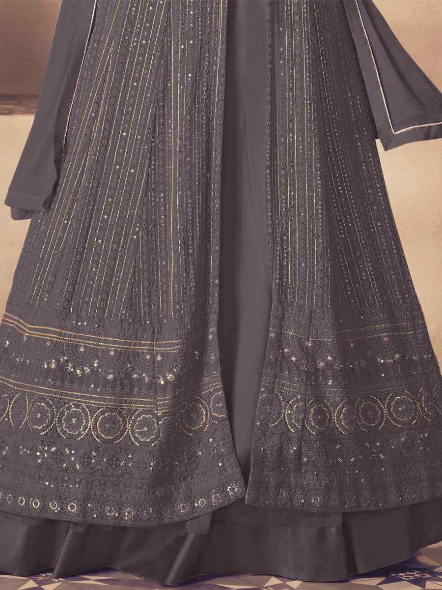 Grey Heavy Faux Georgette Embroidered Festival Wedding Anarkali Salwar Kameez