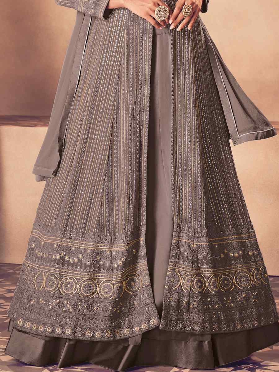 Grey Heavy Faux Georgette Embroidered Festival Wedding Anarkali Salwar Kameez