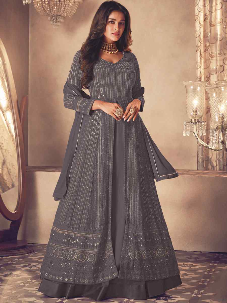 Grey Heavy Faux Georgette Embroidered Festival Wedding Anarkali Salwar Kameez