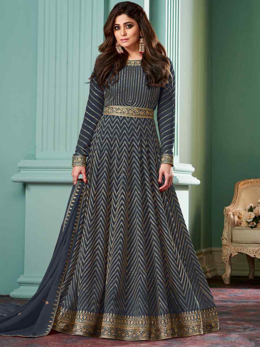 Grey Heavy Faux Georgette Embroidered Festival Wedding Bollywood Style Anarkali Salwar Kameez
