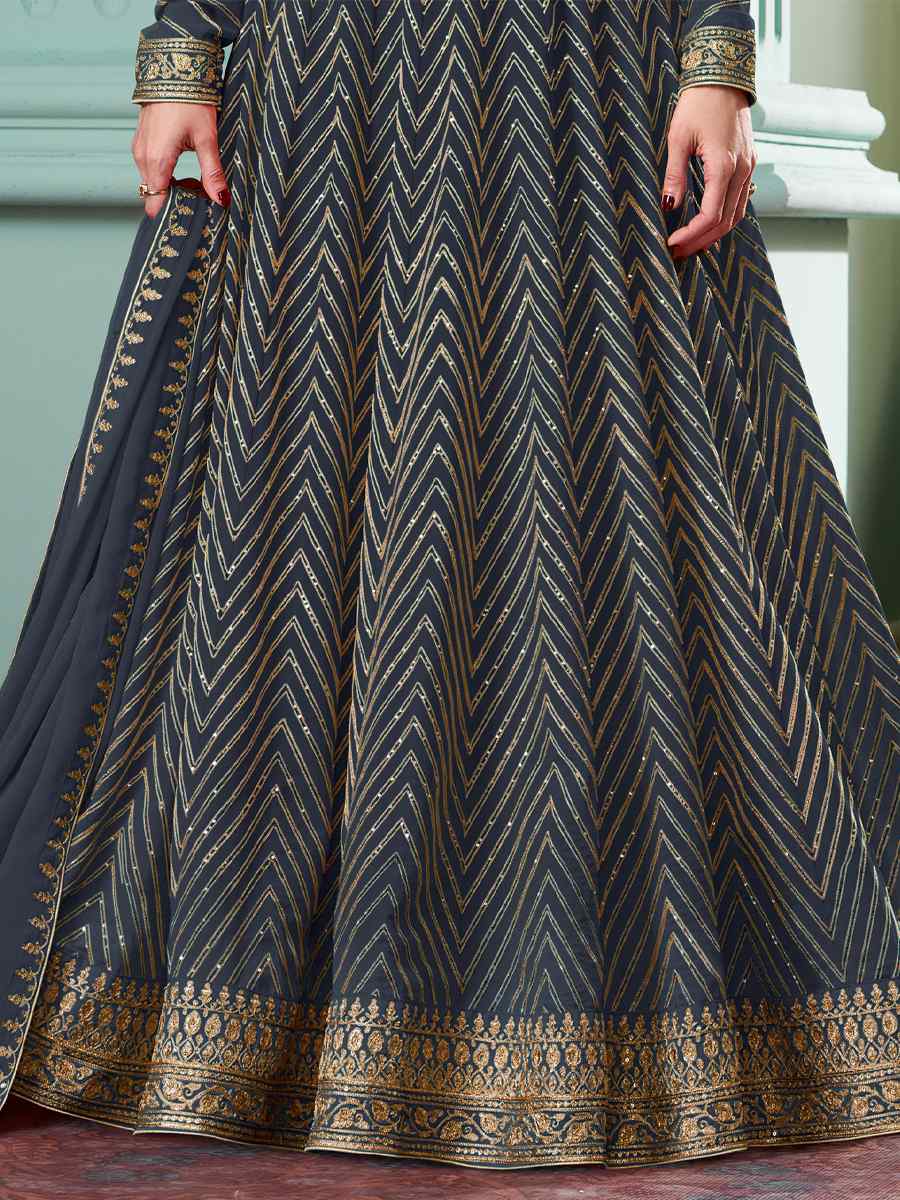 Grey Heavy Faux Georgette Embroidered Festival Wedding Bollywood Style Anarkali Salwar Kameez