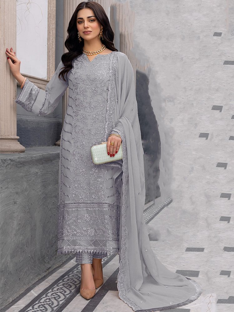 Grey Heavy Faux Georgette Embroidered Festival Wedding Pant Salwar Kameez