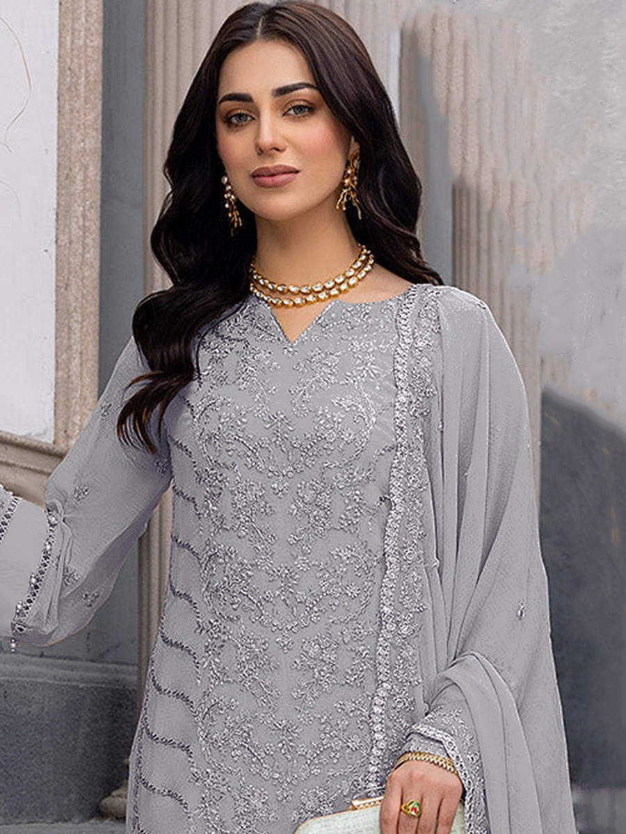 Grey Heavy Faux Georgette Embroidered Festival Wedding Pant Salwar Kameez
