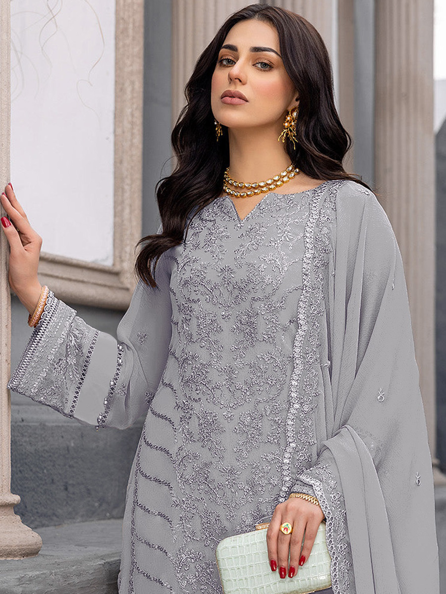 Grey Heavy Faux Georgette Embroidered Festival Wedding Pant Salwar Kameez