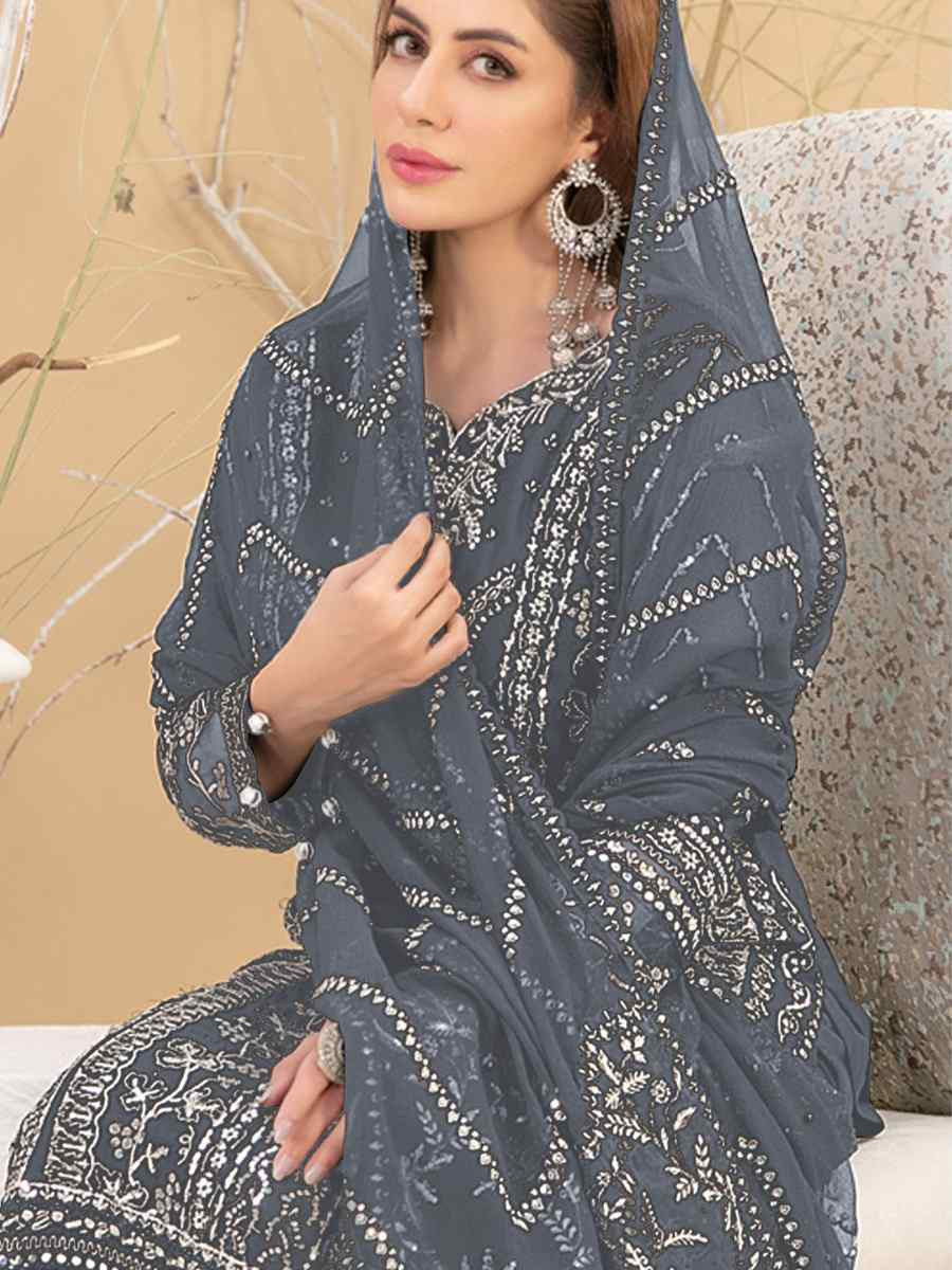 Grey Heavy Fox Georgette Embroidered Festival Casual Pant Salwar Kameez