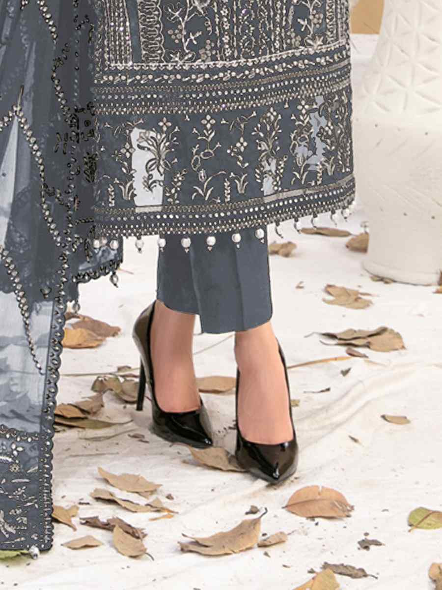 Grey Heavy Fox Georgette Embroidered Festival Casual Pant Salwar Kameez
