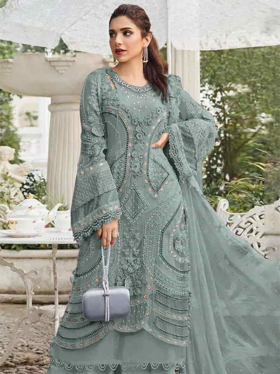 Grey Heavy Fox Georgette Embroidered Festival Wedding Pant Salwar Kameez