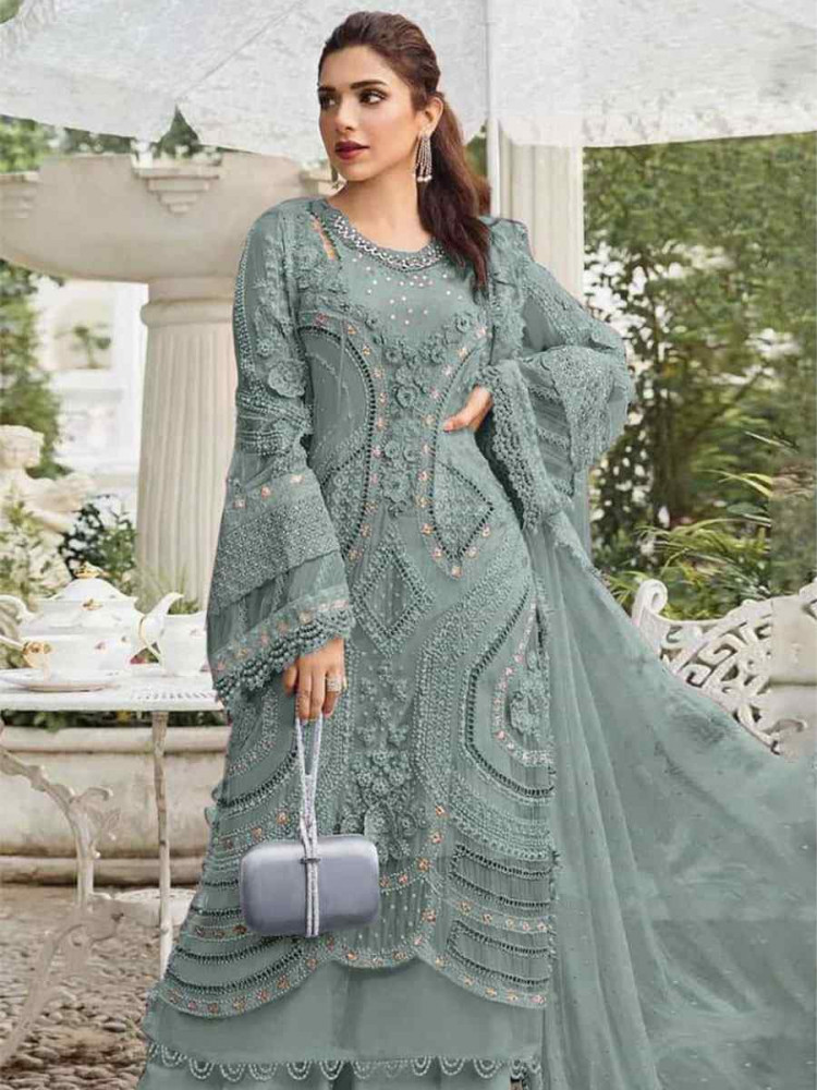 Image of Grey Heavy Fox Georgette Embroidered Festival Wedding Pant Salwar Kameez