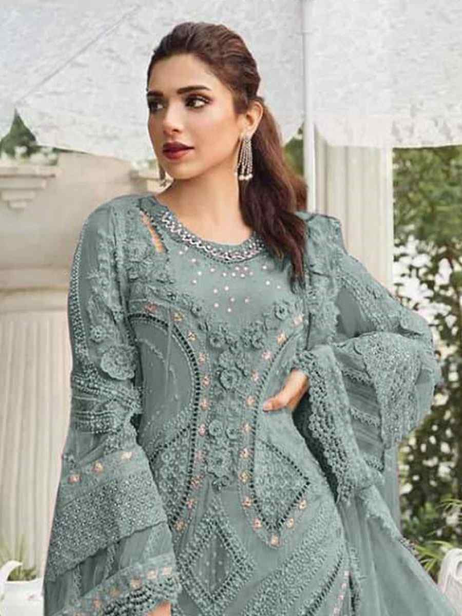 Grey Heavy Fox Georgette Embroidered Festival Wedding Pant Salwar Kameez