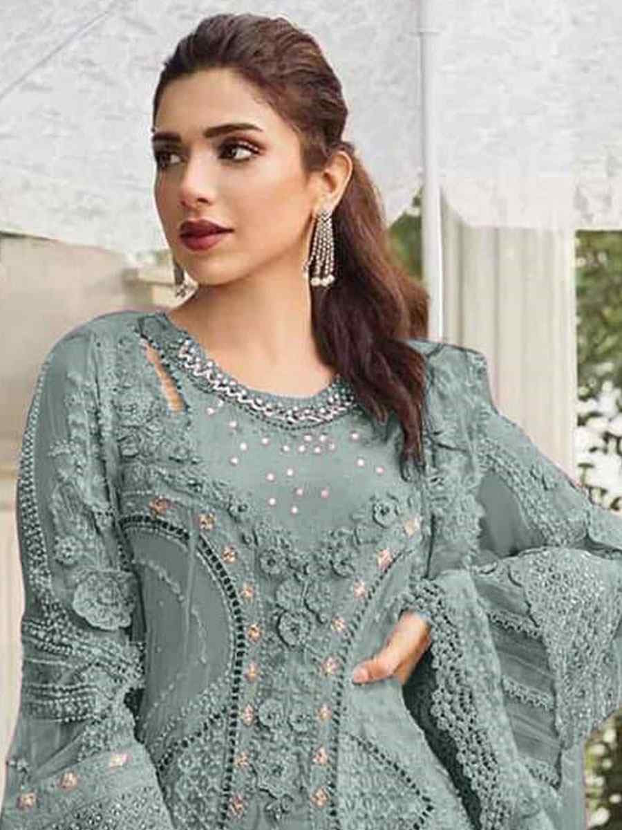 Grey Heavy Fox Georgette Embroidered Festival Wedding Pant Salwar Kameez