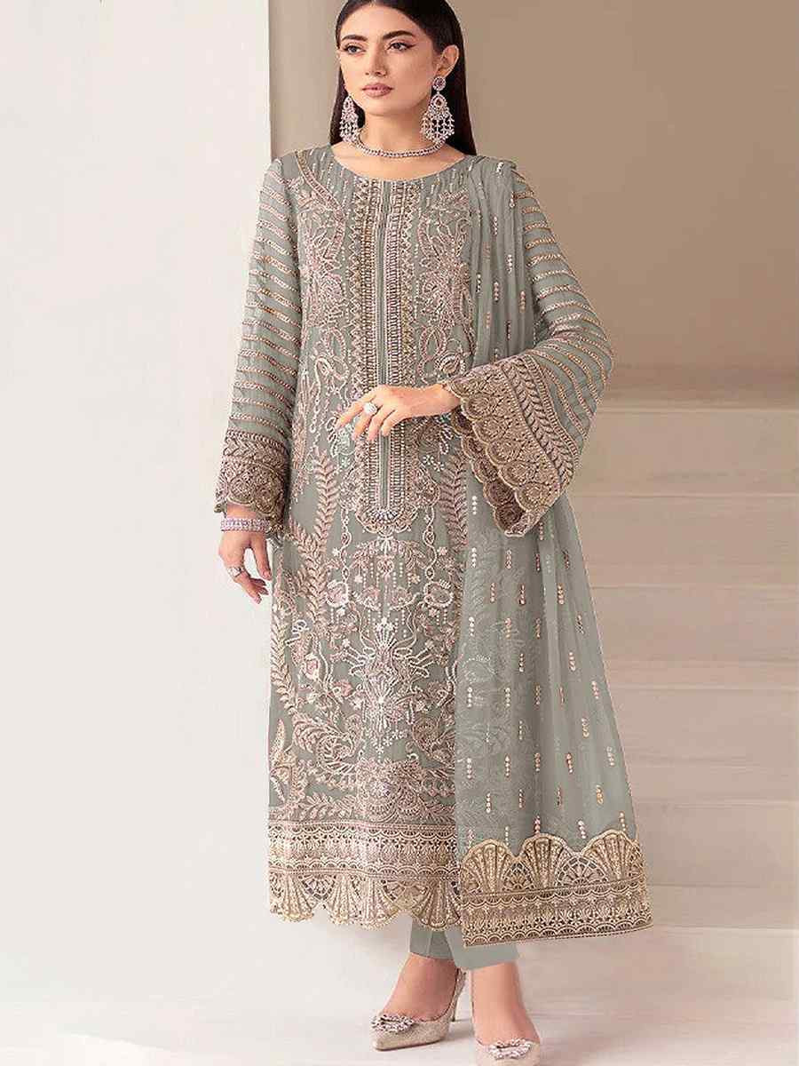 Grey Heavy Fox Georgette Embroidered Festival Wedding Pant Salwar Kameez