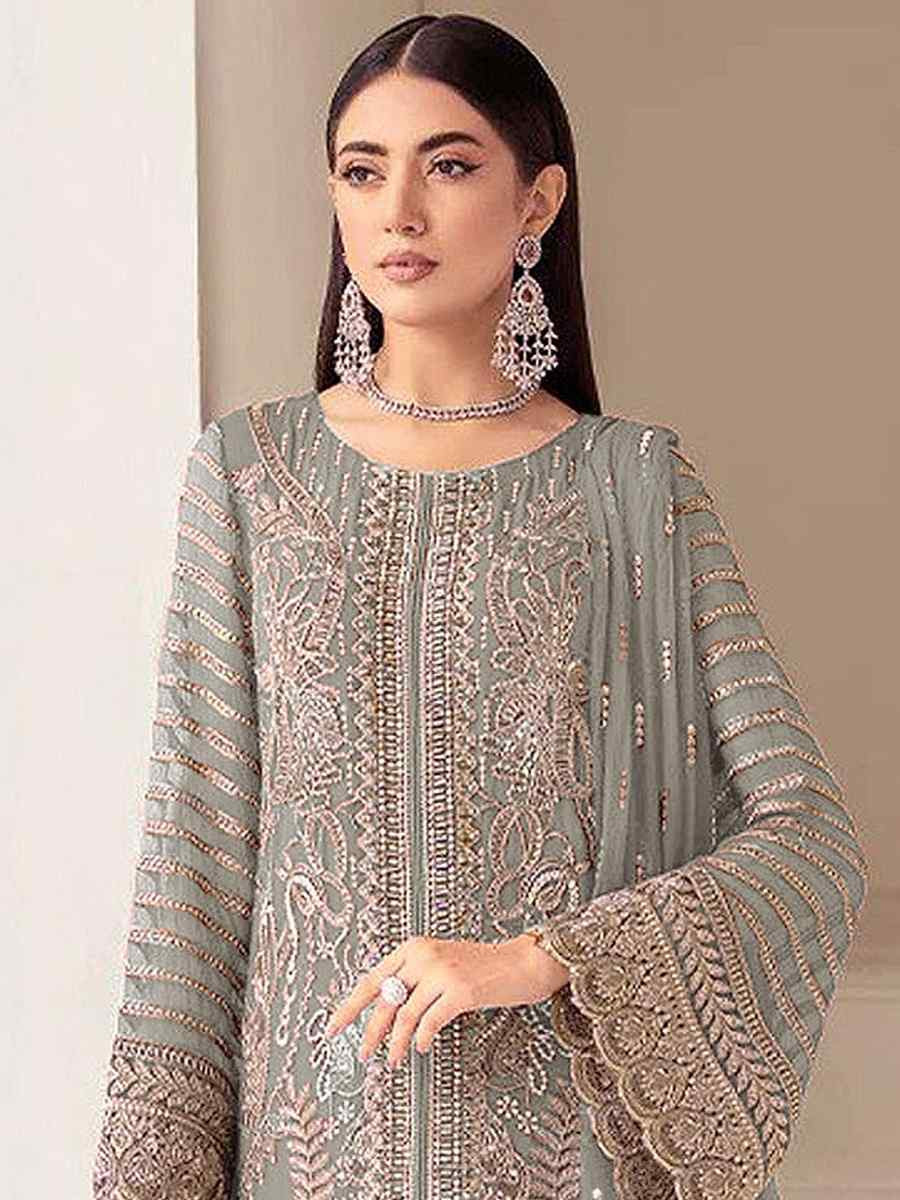 Grey Heavy Fox Georgette Embroidered Festival Wedding Pant Salwar Kameez
