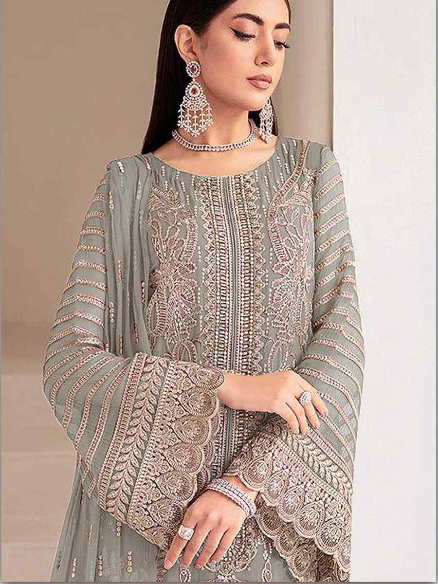 Grey Heavy Fox Georgette Embroidered Festival Wedding Pant Salwar Kameez