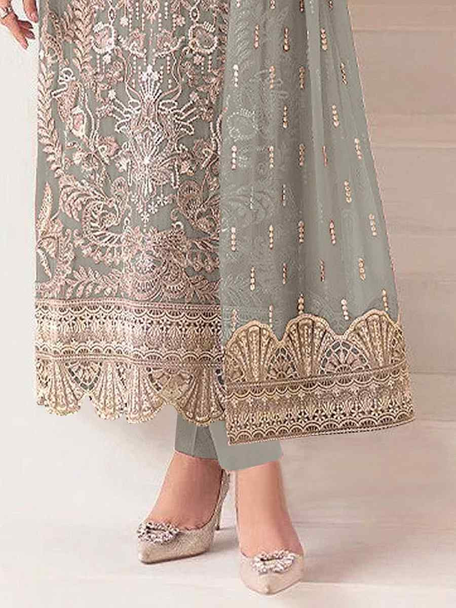 Grey Heavy Fox Georgette Embroidered Festival Wedding Pant Salwar Kameez