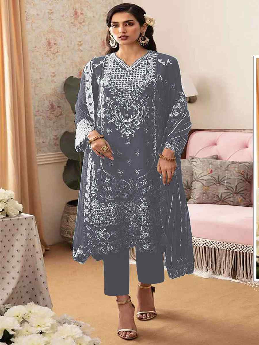 Grey Heavy Fox Georgette Embroidered Festival Wedding Sharara Pant Salwar Kameez