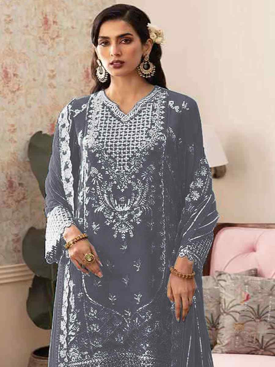 Grey Heavy Fox Georgette Embroidered Festival Wedding Sharara Pant Salwar Kameez