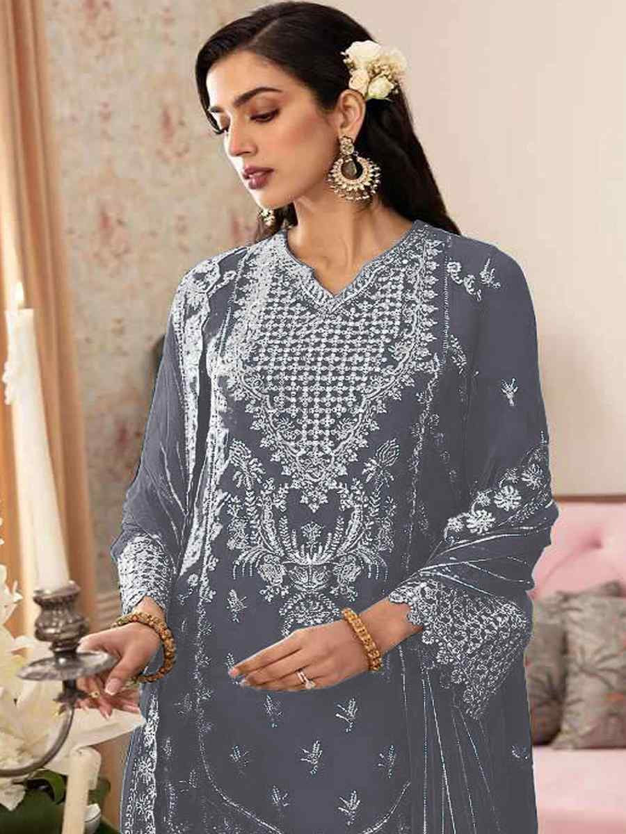Grey Heavy Fox Georgette Embroidered Festival Wedding Sharara Pant Salwar Kameez